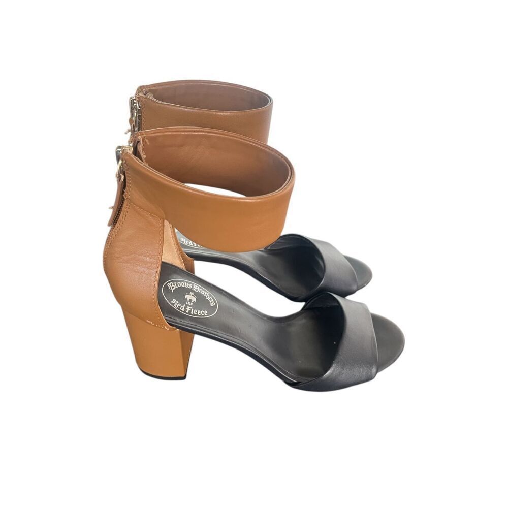 Brooks Brothers Color Block Stacked Heel Sandals Navy Blue Tan Size 8